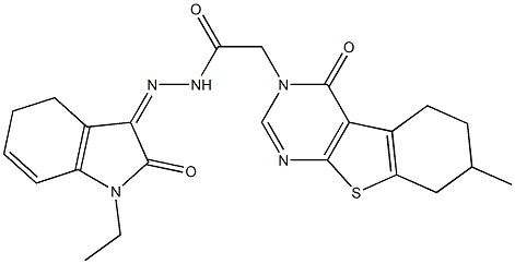 N'-(1-ethyl-2-oxo-1,2-dihydro-3H-indol-3-ylidene)-2-(7-methyl-4-oxo-5,6,7,8-tetrahydro[1]benzothieno[2,3-d]pyrimidin-3(4H)-yl)acetohydrazide Struktur