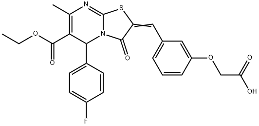 {3-[(6-(ethoxycarbonyl)-5-(4-fluorophenyl)-7-methyl-3-oxo-5H-[1,3]thiazolo[3,2-a]pyrimidin-2(3H)-ylidene)methyl]phenoxy}acetic acid Struktur