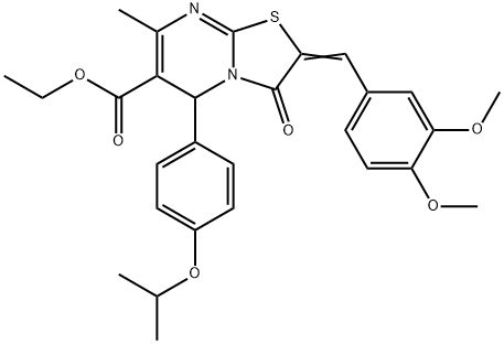 ethyl 2-(3,4-dimethoxybenzylidene)-5-(4-isopropoxyphenyl)-7-methyl-3-oxo-2,3-dihydro-5H-[1,3]thiazolo[3,2-a]pyrimidine-6-carboxylate Struktur