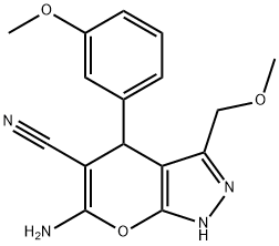 6-amino-3-(methoxymethyl)-4-(3-methoxyphenyl)-1,4-dihydropyrano[2,3-c]pyrazole-5-carbonitrile Struktur