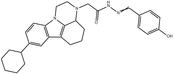 2-(8-cyclohexyl-1,2,3a,4,5,6-hexahydro-3H-pyrazino[3,2,1-jk]carbazol-3-yl)-N'-(4-hydroxybenzylidene)acetohydrazide Struktur