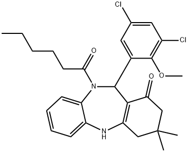 11-(3,5-dichloro-2-methoxyphenyl)-10-hexanoyl-3,3-dimethyl-2,3,4,5,10,11-hexahydro-1H-dibenzo[b,e][1,4]diazepin-1-one Struktur