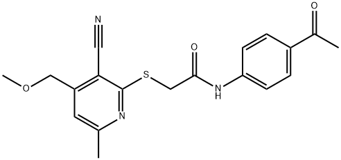 N-(4-acetylphenyl)-2-{[3-cyano-4-(methoxymethyl)-6-methyl-2-pyridinyl]sulfanyl}acetamide Struktur