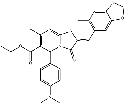 ethyl 5-[4-(dimethylamino)phenyl]-7-methyl-2-[(6-methyl-1,3-benzodioxol-5-yl)methylene]-3-oxo-2,3-dihydro-5H-[1,3]thiazolo[3,2-a]pyrimidine-6-carboxylate Struktur