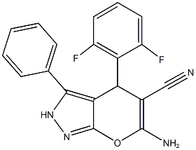 6-amino-4-(2,6-difluorophenyl)-3-phenyl-2,4-dihydropyrano[2,3-c]pyrazole-5-carbonitrile Struktur