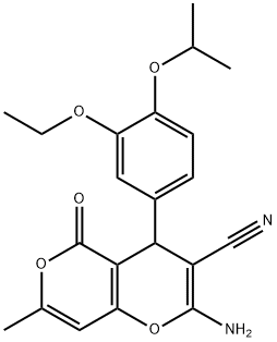 2-amino-4-{3-(ethyloxy)-4-[(1-methylethyl)oxy]phenyl}-7-methyl-5-oxo-4H,5H-pyrano[4,3-b]pyran-3-carbonitrile Struktur