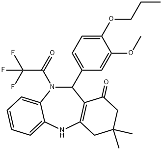 11-(3-methoxy-4-propoxyphenyl)-3,3-dimethyl-10-(trifluoroacetyl)-2,3,4,5,10,11-hexahydro-1H-dibenzo[b,e][1,4]diazepin-1-one Struktur