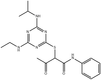 2-{[4-(ethylamino)-6-(isopropylamino)-1,3,5-triazin-2-yl]sulfanyl}-3-oxo-N-phenylbutanamide Struktur