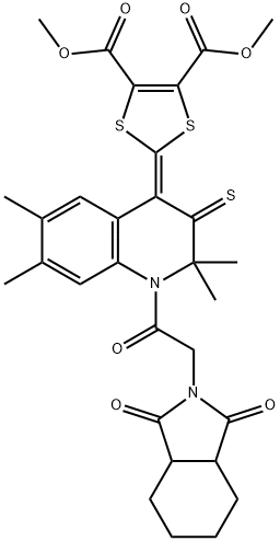 dimethyl 2-(1-[(1,3-dioxooctahydro-2H-isoindol-2-yl)acetyl]-2,2,6,7-tetramethyl-3-thioxo-2,3-dihydro-4(1H)-quinolinylidene)-1,3-dithiole-4,5-dicarboxylate Struktur