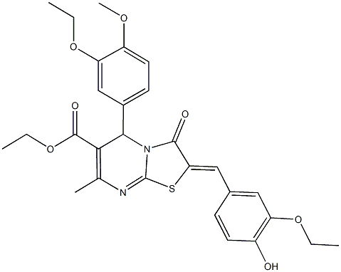 ethyl 2-(3-ethoxy-4-hydroxybenzylidene)-5-(3-ethoxy-4-methoxyphenyl)-7-methyl-3-oxo-2,3-dihydro-5H-[1,3]thiazolo[3,2-a]pyrimidine-6-carboxylate Struktur