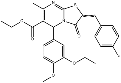 ethyl 5-(3-ethoxy-4-methoxyphenyl)-2-(4-fluorobenzylidene)-7-methyl-3-oxo-2,3-dihydro-5H-[1,3]thiazolo[3,2-a]pyrimidine-6-carboxylate Struktur