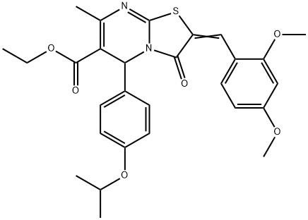 ethyl 2-(2,4-dimethoxybenzylidene)-5-(4-isopropoxyphenyl)-7-methyl-3-oxo-2,3-dihydro-5H-[1,3]thiazolo[3,2-a]pyrimidine-6-carboxylate Struktur