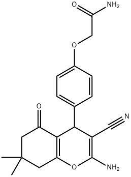 2-{[4-(2-amino-3-cyano-7,7-dimethyl-5-oxo-5,6,7,8-tetrahydro-4H-chromen-4-yl)phenyl]oxy}acetamide Struktur