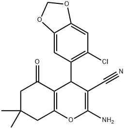 2-amino-4-(6-chloro-1,3-benzodioxol-5-yl)-7,7-dimethyl-5-oxo-5,6,7,8-tetrahydro-4H-chromene-3-carbonitrile Struktur