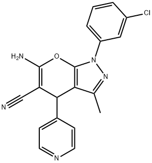 6-amino-1-(3-chlorophenyl)-3-methyl-4-(4-pyridinyl)-1,4-dihydropyrano[2,3-c]pyrazole-5-carbonitrile Struktur