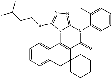 1-(isopentylsulfanyl)-4-(2-methylphenyl)-6,7-dihydrospiro(benzo[h][1,2,4]triazolo[4,3-a]quinazoline-6,1'-cyclohexane)-5(4H)-one Struktur