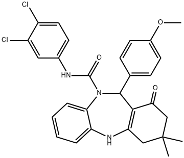 N-(3,4-dichlorophenyl)-11-(4-methoxyphenyl)-3,3-dimethyl-1-oxo-1,2,3,4,5,11-hexahydro-10H-dibenzo[b,e][1,4]diazepine-10-carboxamide Struktur