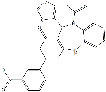 10-acetyl-11-(2-furyl)-3-{3-nitrophenyl}-2,3,4,5,10,11-hexahydro-1H-dibenzo[b,e][1,4]diazepin-1-one Struktur