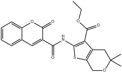 ethyl 5,5-dimethyl-2-{[(2-oxo-2H-chromen-3-yl)carbonyl]amino}-4,7-dihydro-5H-thieno[2,3-c]pyran-3-carboxylate Struktur