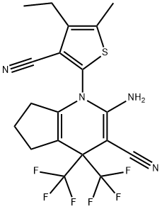 2-amino-1-(3-cyano-4-ethyl-5-methylthien-2-yl)-4,4-bis(trifluoromethyl)-4,5,6,7-tetrahydro-1H-cyclopenta[b]pyridine-3-carbonitrile Struktur