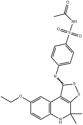 N-acetyl-4-[(8-ethoxy-4,4-dimethyl-4,5-dihydro-1H-[1,2]dithiolo[3,4-c]quinolin-1-ylidene)amino]benzenesulfonamide Struktur