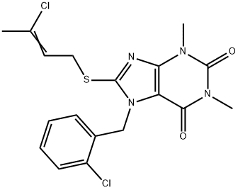 7-(2-chlorobenzyl)-8-[(3-chloro-2-butenyl)sulfanyl]-1,3-dimethyl-3,7-dihydro-1H-purine-2,6-dione Struktur