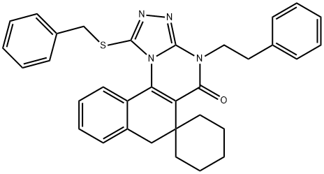 1-(benzylsulfanyl)-4-(2-phenylethyl)-6,7-dihydrospiro(benzo[h][1,2,4]triazolo[4,3-a]quinazoline-6,1'-cyclohexane)-5(4H)-one Struktur