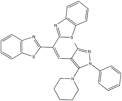 2-{1-(1,3-benzothiazol-2-yl)-2-[3-methyl-1-phenyl-5-(1-piperidinyl)-1H-pyrazol-4-yl]vinyl}-1,3-benzothiazole Struktur