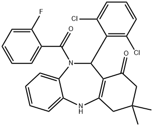 11-(2,6-dichlorophenyl)-10-(2-fluorobenzoyl)-3,3-dimethyl-2,3,4,5,10,11-hexahydro-1H-dibenzo[b,e][1,4]diazepin-1-one Struktur