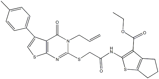 ethyl 2-[({[3-allyl-5-(4-methylphenyl)-4-oxo-3,4-dihydrothieno[2,3-d]pyrimidin-2-yl]sulfanyl}acetyl)amino]-5,6-dihydro-4H-cyclopenta[b]thiophene-3-carboxylate Struktur