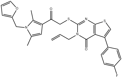 3-allyl-5-(4-fluorophenyl)-2-({2-[1-(2-furylmethyl)-2,5-dimethyl-1H-pyrrol-3-yl]-2-oxoethyl}sulfanyl)thieno[2,3-d]pyrimidin-4(3H)-one Struktur