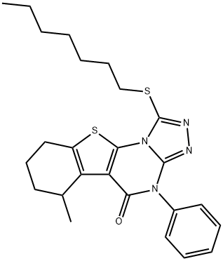 1-(heptylsulfanyl)-6-methyl-4-phenyl-6,7,8,9-tetrahydro[1]benzothieno[3,2-e][1,2,4]triazolo[4,3-a]pyrimidin-5(4H)-one Struktur