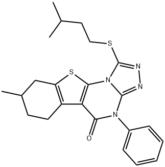 1-(isopentylsulfanyl)-8-methyl-4-phenyl-6,7,8,9-tetrahydro[1]benzothieno[3,2-e][1,2,4]triazolo[4,3-a]pyrimidin-5(4H)-one Struktur