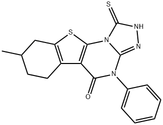 8-methyl-4-phenyl-1-sulfanyl-6,7,8,9-tetrahydro[1]benzothieno[3,2-e][1,2,4]triazolo[4,3-a]pyrimidin-5(4H)-one Struktur