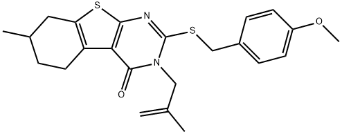 2-[(4-methoxybenzyl)sulfanyl]-7-methyl-3-(2-methyl-2-propenyl)-5,6,7,8-tetrahydro[1]benzothieno[2,3-d]pyrimidin-4(3H)-one Struktur