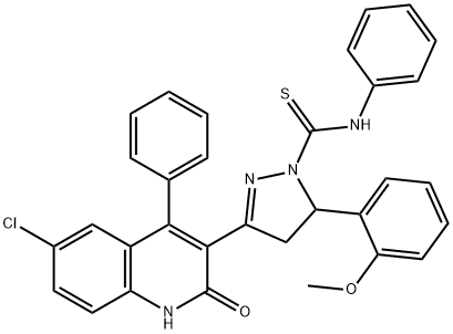 3-(6-chloro-2-oxo-4-phenyl-1,2-dihydro-3-quinolinyl)-5-(2-methoxyphenyl)-N-phenyl-4,5-dihydro-1H-pyrazole-1-carbothioamide Struktur