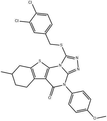 1-[(3,4-dichlorobenzyl)sulfanyl]-4-(4-methoxyphenyl)-8-methyl-6,7,8,9-tetrahydro[1]benzothieno[3,2-e][1,2,4]triazolo[4,3-a]pyrimidin-5(4H)-one Struktur