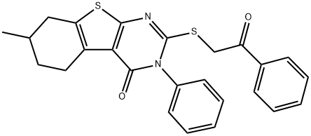 7-methyl-2-[(2-oxo-2-phenylethyl)sulfanyl]-3-phenyl-5,6,7,8-tetrahydro[1]benzothieno[2,3-d]pyrimidin-4(3H)-one Struktur