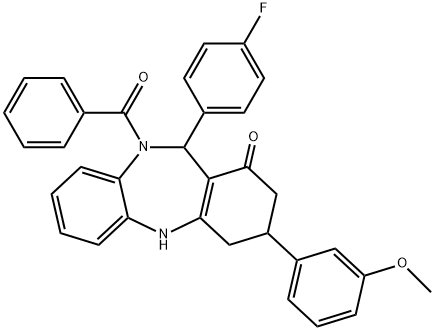 10-benzoyl-11-(4-fluorophenyl)-3-(3-methoxyphenyl)-2,3,4,5,10,11-hexahydro-1H-dibenzo[b,e][1,4]diazepin-1-one Struktur