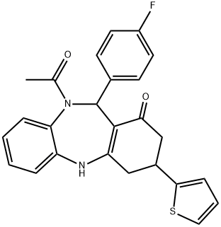 10-acetyl-11-(4-fluorophenyl)-3-(2-thienyl)-2,3,4,5,10,11-hexahydro-1H-dibenzo[b,e][1,4]diazepin-1-one Struktur