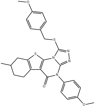 1-[(4-methoxybenzyl)sulfanyl]-4-(4-methoxyphenyl)-8-methyl-6,7,8,9-tetrahydro[1]benzothieno[3,2-e][1,2,4]triazolo[4,3-a]pyrimidin-5(4H)-one Struktur