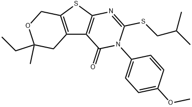 6-ethyl-2-(isobutylsulfanyl)-3-(4-methoxyphenyl)-6-methyl-3,5,6,8-tetrahydro-4H-pyrano[4',3':4,5]thieno[2,3-d]pyrimidin-4-one Struktur