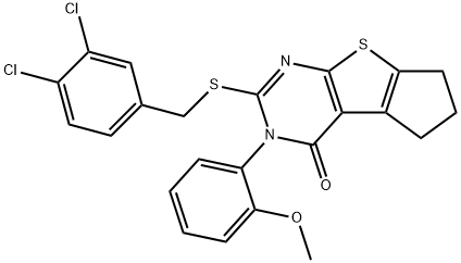 2-[(3,4-dichlorobenzyl)sulfanyl]-3-(2-methoxyphenyl)-3,5,6,7-tetrahydro-4H-cyclopenta[4,5]thieno[2,3-d]pyrimidin-4-one Struktur