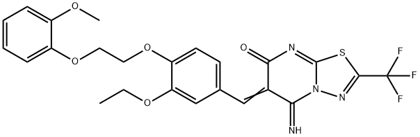 6-{3-ethoxy-4-[2-(2-methoxyphenoxy)ethoxy]benzylidene}-5-imino-2-(trifluoromethyl)-5,6-dihydro-7H-[1,3,4]thiadiazolo[3,2-a]pyrimidin-7-one Struktur