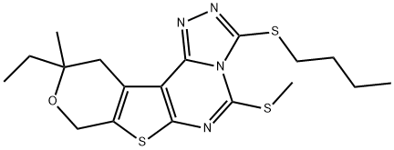 3-(butylsulfanyl)-10-ethyl-10-methyl-5-(methylsulfanyl)-10,11-dihydro-8H-pyrano[4',3':4,5]thieno[3,2-e][1,2,4]triazolo[4,3-c]pyrimidine Struktur