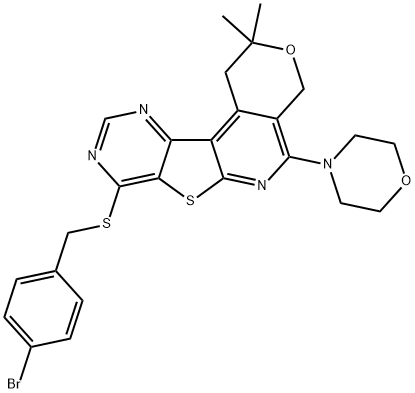 4-bromobenzyl 2,2-dimethyl-5-morpholin-4-yl-1,4-dihydro-2H-pyrano[4'',3'':4',5']pyrido[3',2':4,5]thieno[3,2-d]pyrimidin-8-yl sulfide Struktur