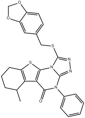 1-[(1,3-benzodioxol-5-ylmethyl)sulfanyl]-6-methyl-4-phenyl-6,7,8,9-tetrahydro[1]benzothieno[3,2-e][1,2,4]triazolo[4,3-a]pyrimidin-5(4H)-one Struktur