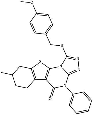 1-[(4-methoxybenzyl)sulfanyl]-8-methyl-4-phenyl-6,7,8,9-tetrahydro[1]benzothieno[3,2-e][1,2,4]triazolo[4,3-a]pyrimidin-5(4H)-one Struktur