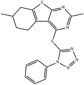 2,7-dimethyl-5,6,7,8-tetrahydro[1]benzothieno[2,3-d]pyrimidin-4-yl 1-phenyl-1H-tetraazol-5-yl sulfide Struktur