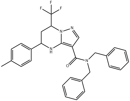 N,N-dibenzyl-5-(4-methylphenyl)-7-(trifluoromethyl)-4,5,6,7-tetrahydropyrazolo[1,5-a]pyrimidine-3-carboxamide Struktur